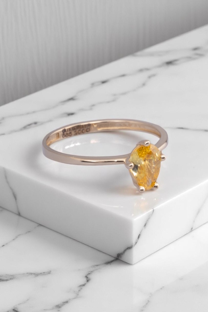 Çilek Konsept Damla Kesim Sitrin Taşlı 14 Ayar Altın Minimalist Yüzük 4,11 GR Ürün Kodu: YZ08274 - 3