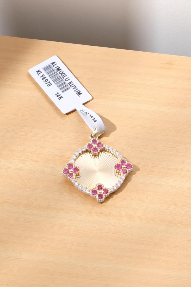 Kırmızı ve Beyaz Taşlarla Süslü İşlemeli Kare Model 14 Ayar Altın Kolye Ucu - Alimoğlu Kuyumculuk 4,24 GR Ürün Kodu: KLY4970 - 3