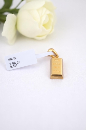 Külçe Altın Figürlü 'Fine Gold 999.9' Yazılı 22 Ayar Altın Kolye Ucu - Yatırım ve Şıklık - Alimoğlu Kuyumculuk 2,64 GR Ürün Kodu: KLY5274 - 2