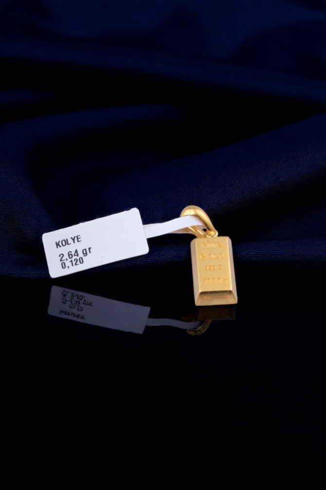 Külçe Altın Figürlü 'Fine Gold 999.9' Yazılı 22 Ayar Altın Kolye Ucu - Yatırım ve Şıklık - Alimoğlu Kuyumculuk 2,64 GR Ürün Kodu: KLY5274 - 3