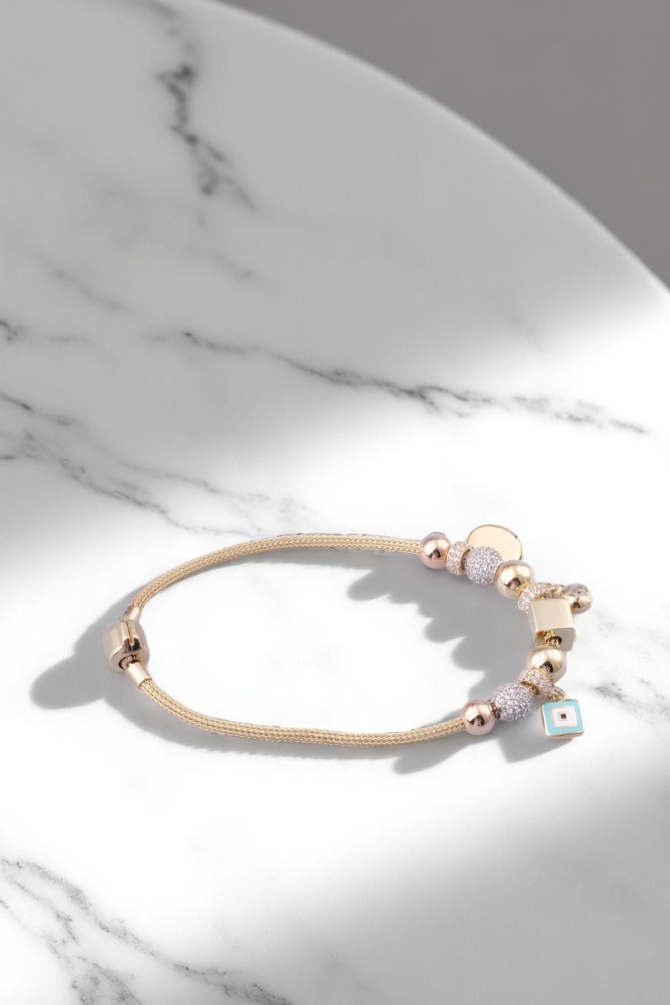 Nazar Boncuklu, Geometrik ve Sallantılı Figürlü Taşlı 14 Ayar Rose Altın Şarm Bileklik - Alimoğlu Kuyumculuk 10,83 GR Ürün Kodu: KNY5900 - 5